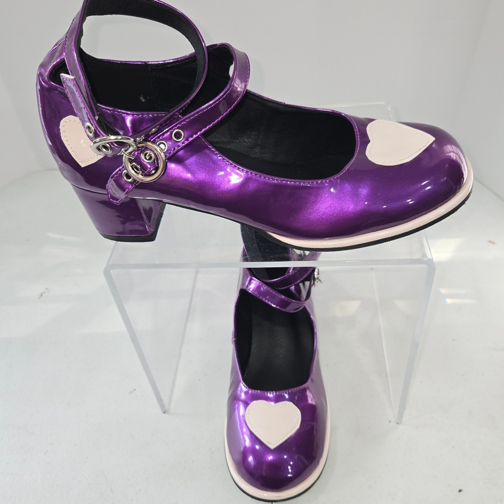 Purple Metallic Heart Mary Jane Shoes Chunky Heel Lolita Kawaii Size 41 AC413